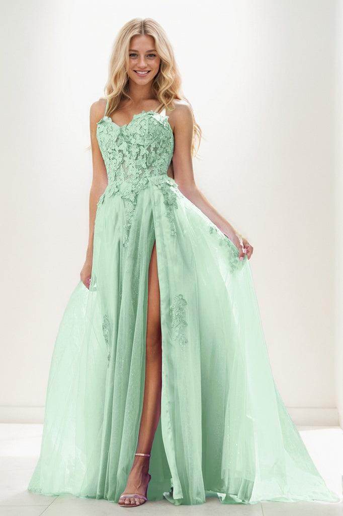 Sweetheart Spaghetti Straps Applique A Line Tulle Prom Dresses CS0943 - COCOMELODY